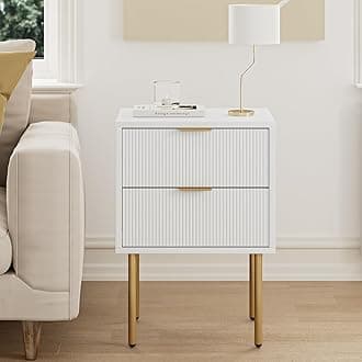Masupu Nightstand,Mid-Century Modern Bedside Table with 2 Storage Drawer,Small Gold Frame Side End Table for Bedroom,Living Room, White