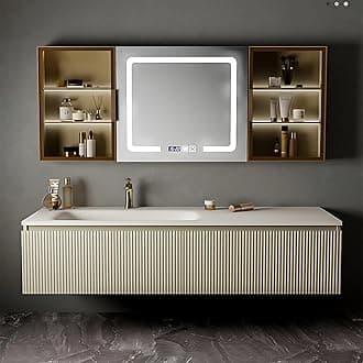 Bathroom Vanity - Stylish Bathroom Vanity with Sink Include Smart LED Defog Mirror ＆ Large Capacity Cabinet, Floating Solid Wood Bathroom Vanity (48''), Light Gold