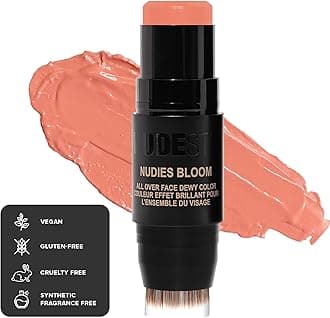 NudeStix Nudies Bloom Blush Stick w/Blending Brush, 3-in-1 Dewy Color for Cheeks, Eyes, Lips, Brightening Balm Makeup for Natural Healthy Glow, Glossy Finish, 0.25 oz (7g) (Sweet Peach Peony)