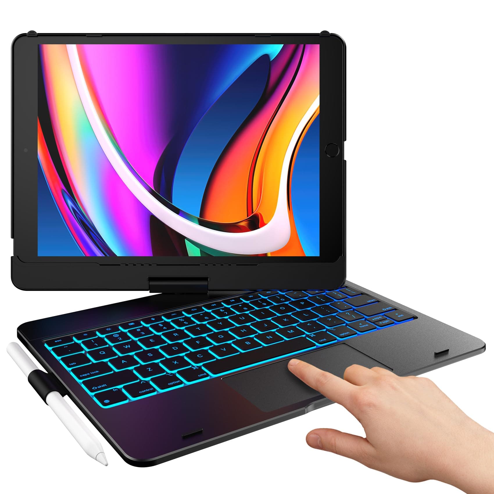 Touch for iPad 9th Generation Case with Keyboard (10.2", 2021),Multi-touch Trackpad,10 Color Backlight, 360° Rotatable, Thin & Light for 8th Gen (2020),7th Gen (2019), Air 3,Pro 10.5 (Black).