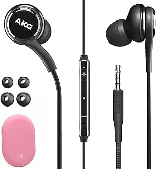 Original Samsung AKG Earbuds 3.5mm in-Ear Earbud Headphones with Remote & Mic for Galaxy A71, A31, Galaxy S10, S10e, Note 10, Note 10+, S10 Plus, S9 - Includes Rubber Pouch - (AKG + Pink Pouch)