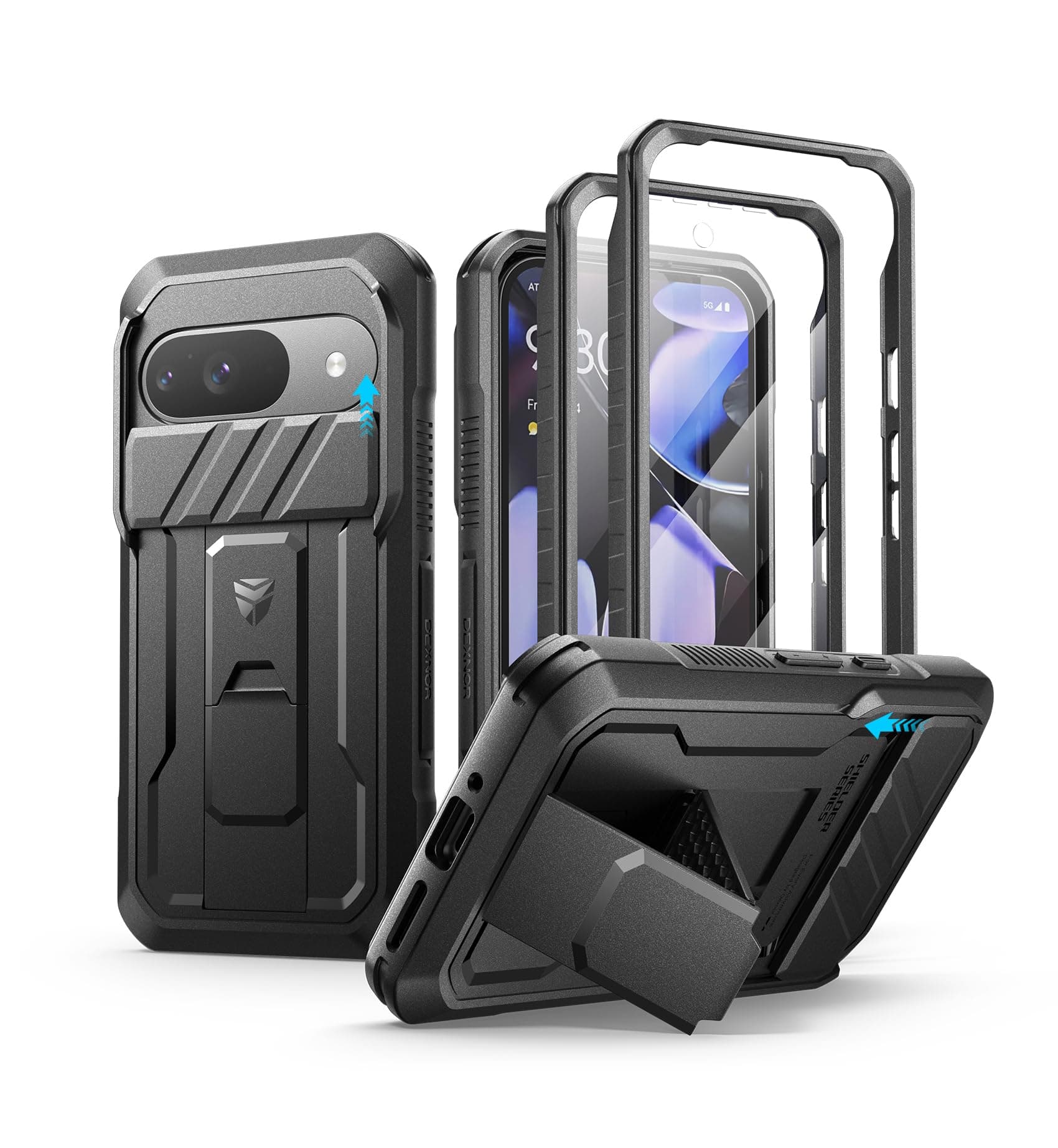 Dexnor for Google Pixel 9 Case with Built-in Slide Camera Cover & Screen Protector & Kickstand, Heavy-Duty Shockproof Rugged Case Full-Body Bumper Protective Cover - Black