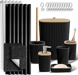 Clara Clark Bathroom Accessories Set - 22PC Bathroom Set, Bathroom Sets with Shower Curtain and Rugs, Black Shower Curtain Set with Bathroom Trash Can