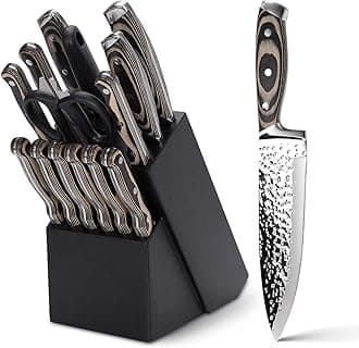 Kitchen Knife Set,15-Piece Knife Set With Block Wooden,Self Sharpening For Chef Knife Set,High Carbon Japan Stainless Steel Hammered Collection Knife Block Set with Steak Knives (Gray)