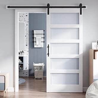 38x84 Inch Glass Sliding Barn Door Slab and 6.6ft Hardware Kit Included, 5 Frosted Glass, LVL Wood Panel Covered with White Water-Proof Scratch-Proof PVC Surface, Simple DIY Assembly