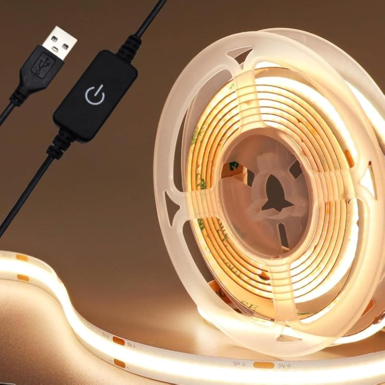 DC 5V USB LED COB Strip with Inline Touch Dimming Switch White Warm White LED Strip Light TV Background Lighting Tape Home Decor Lamp LED String Light (Warm White, 3 Meter)