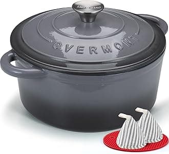 Enameled Cast Iron Dutch Oven - 7QT Pot with Lid Cookbook & Cotton Potholders - Heavy-Duty Cookware for Braising, Stews, Roasting, Bread Baking grey