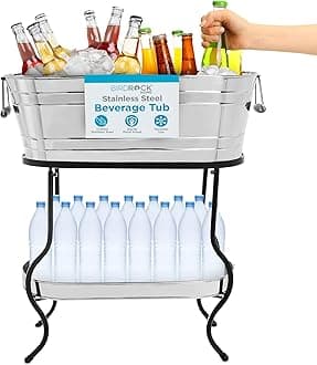 BIRDROCK Home Stainless Steel Beverage Tub with Stand - Bottom Tray - Ice Bucket - Party Drink Holder - Wooden Handles - Outdoor or Indoor Use - Free Standing