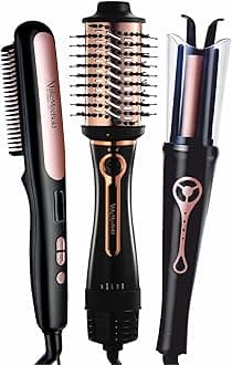 Urban Yog Hair Styling Combo | Hot Air Brush, Automatic Hair Curler & Hair Straightening Brush | 3-in-1 Dryer, Volumizer, Curler, Straightener | Ceramic Coating, Anti-Scald, Rose Gold & Black