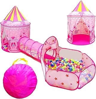 - 3pc Princess Fairy Tale Kids Play Tent, Oval Crawl Tunnel, Ball Pit for Toddlers, Indoor Outdoor Playhouse Castle Toys, Baby Boys Girls for 3 4 5 6 7 Years Old (Balls Not Included)