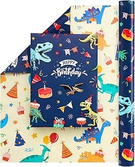 WERNNSAI Dinosaur Birthday Wrapping Paper - 1 Roll 17” x 33 ft Dinosaur Gift Wrapping Paper Blue Yellow Reversible Design for Boy Birthday Celebration Party Gift Packing Supply Baby Shower Wrap Paper