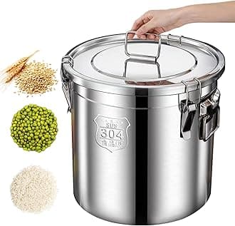 Stainless Steel Cereal Container with Lid and Handles Round Rice Bin Airtight Food Storage Bucket for Home Kitchen Counter 12L