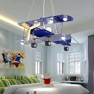 RUNNUPCast Iron Airplane LED Ceiling Lamp Boys Bedroom 5 Light Cool Flush Ceiling Light for Kid's Bedroom Children's Room Kindergarten Cartoon Rooms, Blue Small