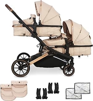 My Babiie MB33 Tandem Pushchair – Birth to 15kg Double Stroller, Twin Seat Units Convert to Carrycot, 11 Configurations, Duo Includes Car Seat Adapters, Rain Covers – Giraffe