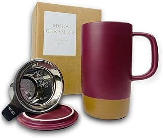 Mora Ceramics Large Tea Mug with Loose Leaf Infuser and Ceramic Lid, 18 oz, Portable, Microwave and Dishwasher Safe, Tall Coffee Cup - Rustic Matte Ceramic Glaze, Modern Herbal Tea Strainer, Magenta
