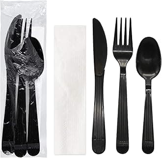 Party Essentials Individually Wrapped Heavy Duty Plastic Utensil Kits, 50 Sets for Party Catering, Fork/Spoon/Knife/Napkin, Black