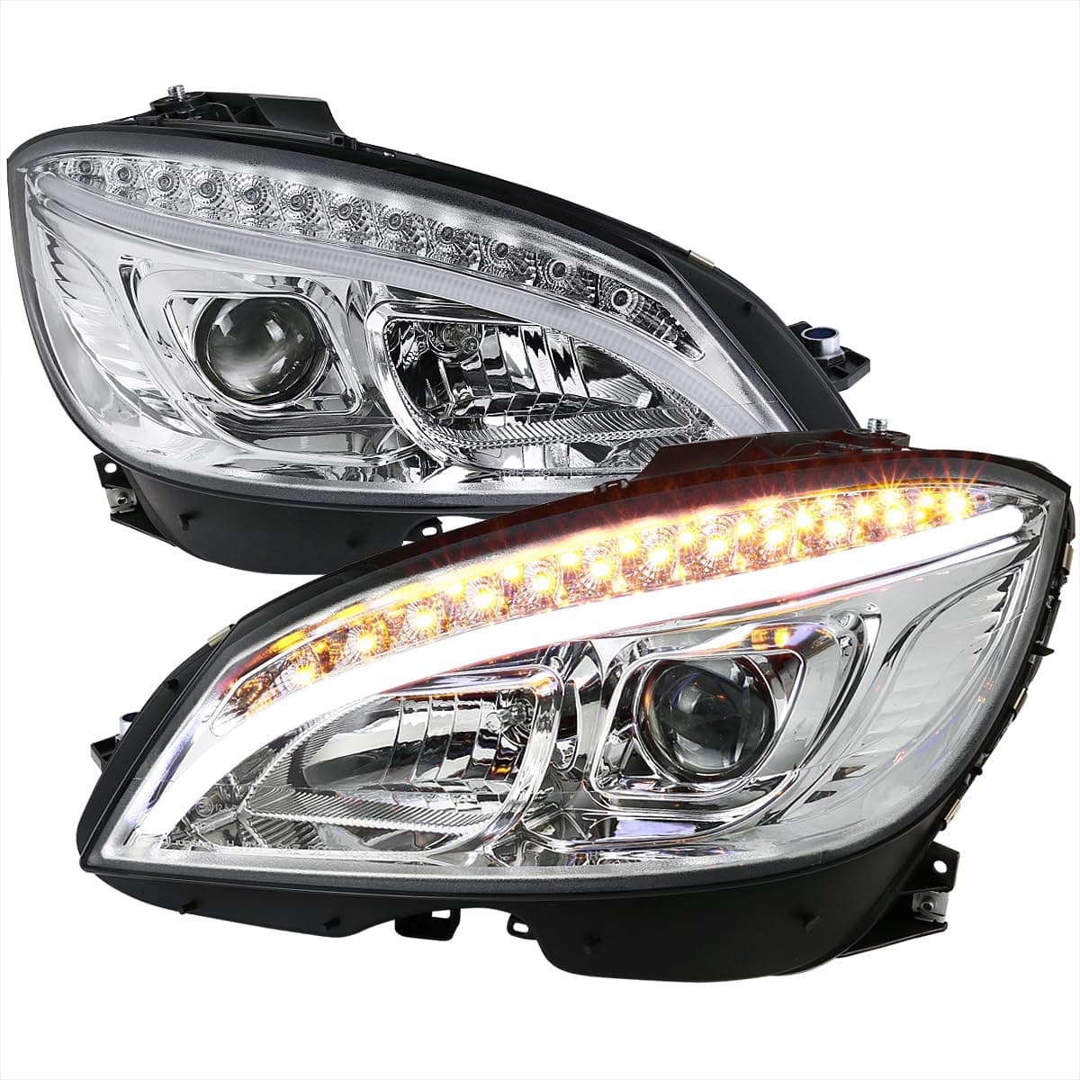 SPEC-D TUNING Chrome LED Projector Headlights Compatible with 2008-2011 Mercedes Benz W204 C-Class, Left + Right Pair Headlamps Assembly