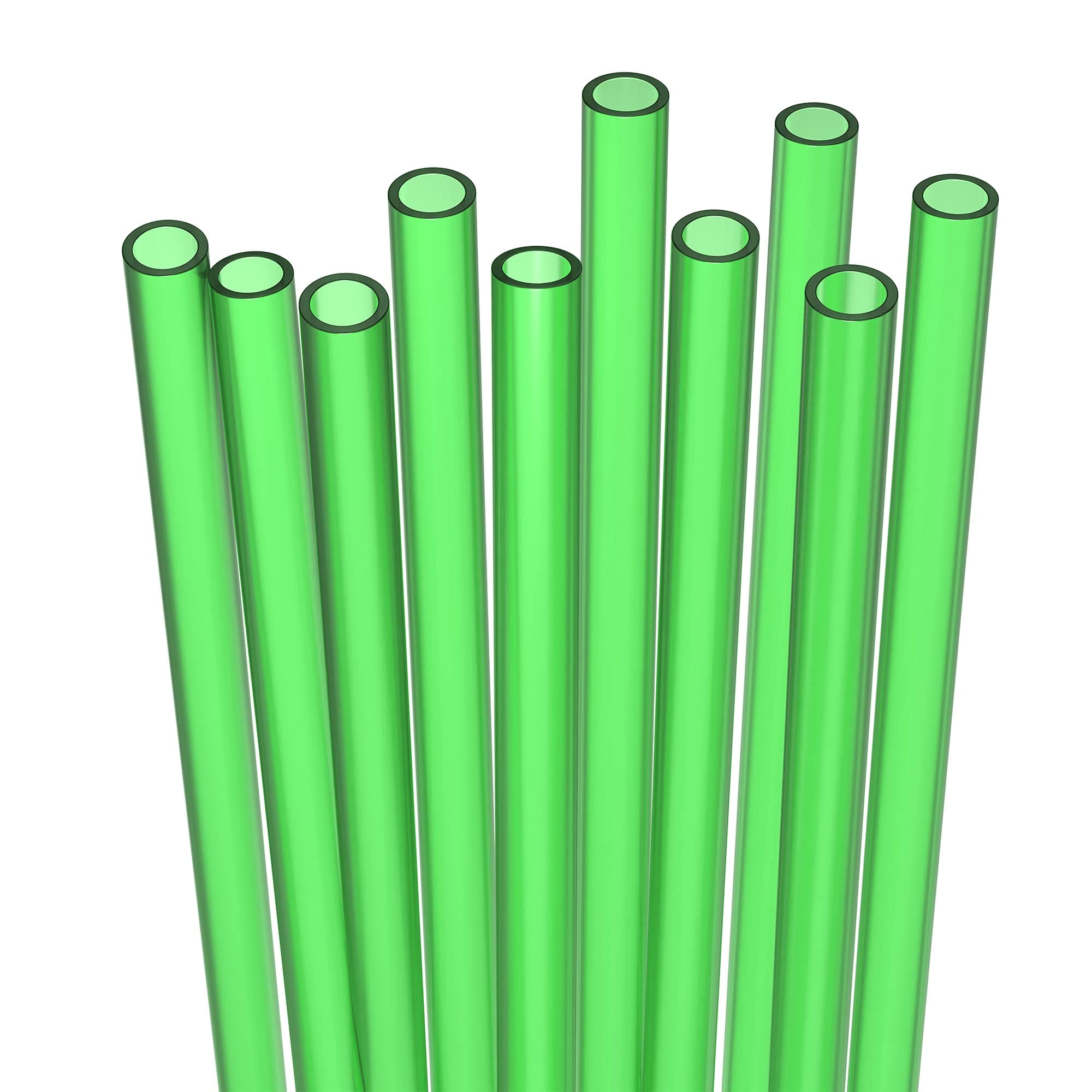 10 Short Reusable Hard Green Plastic Drinking Straws, Medium Width + Sturdy Cleaning Brush - for Cocktails, Small Cups, Kids Drinks - Dishwasher Safe BPA Free