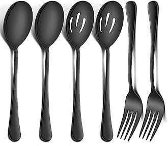 6-Piece Large Black Serving Spoons and Forks Set, 9.8 Inch Stainless Steel Buffet Catering Party Banquet Serving Spoon Fork, Mirror Finished, Dishwasher Safe