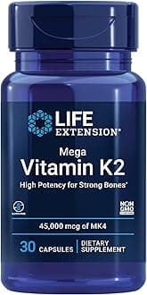 Life Extension Mega Vitamin K2 High Potency for Strong Bones, clinically studied 45 mg K2 dosage, promotes healthy bone density, gluten-free, non-GMO, 30 capsules