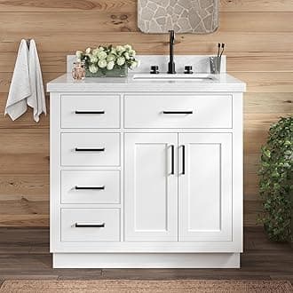 ARIEL Bathroom Vanity 37" White, 1.5" Edge Italian Carrara Marble Countertop & Splash, Rectangular Sink, 2 Soft Closing Doors, 5 Full Extension Dovetail Drawers, Toe Kick, Matte Black