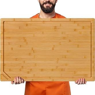 Kikcoin 30”×20” Bamboo Cutting Boards for Kitchen, Heavy Duty Wooden Cutting Boards, Healthy Extra Large Chopping Boards with Deep Juice Groove and Handle, Oversized Stove Top Cover, Natural