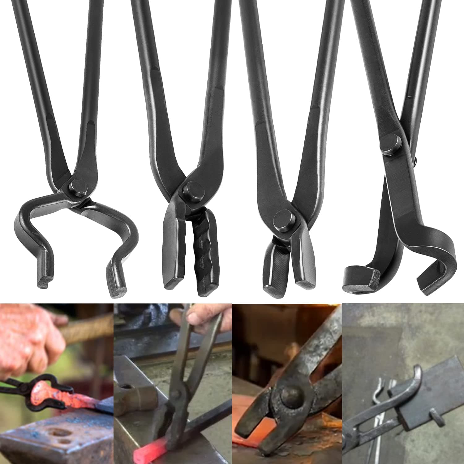 E-cowlboy Blacksmith Forge Tool Set, Blacksmith Tool, Blacksmith Anvil Tool Set, V-Bit Pliers, Wolf Jaw Pliers, Flat Pliers, Blade Pliers (Pack of 4)