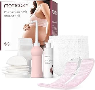 Postpartum Recovery Essentials Kit, Labor Delivery Mom Care Kit, Self-Absorbent Disposable Underwear Nipple Nursing Pads Upside Down Peri Bottle Cold Pads Cooling Foam Canvas Bag Set