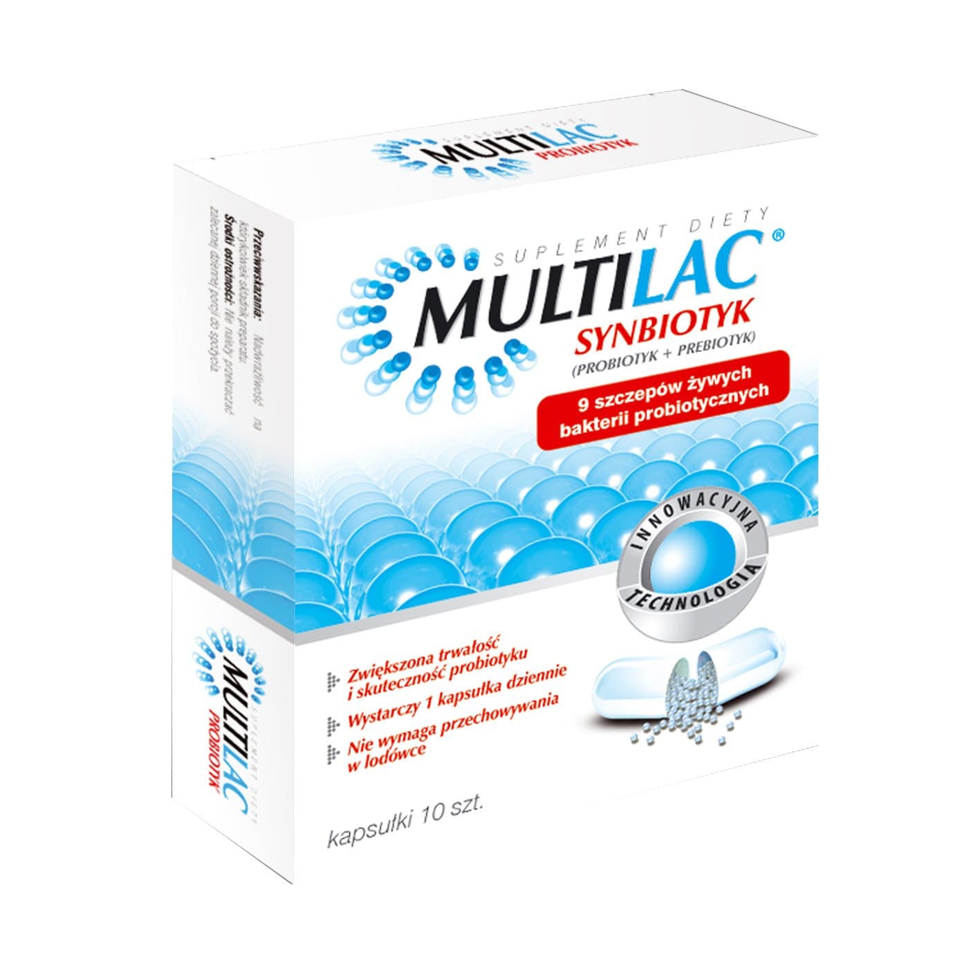MULTILAC - 10 capsules, Synbiotics, which includes 9 selected strains of probiotic bacteria living. Indications: - during and / or after antibiotic therapy, - the functional bowel disorders (such as bloating, constipation, irritable bowel syndrome), - diarrhea of different etiologies, - in allergic diseases, - in increased susceptibility to infection (colds)