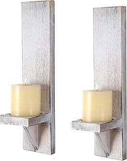 OwnMy Set of 2 Wooden Wall Candle Sconces Rustic Wall Pillar Candle Sconces, Vintage White Hanging Wall Candle Sconce Farmhouse Candle Holders for Living Room