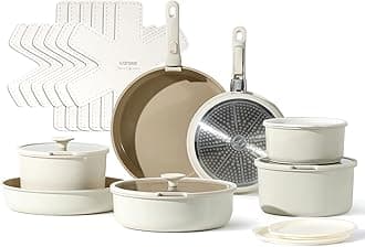 CAROTE 21pcs Detachable Handle Pots and Pan Set, Ceramic Nonstick Induction Cookware, Removable Handle, RV Oven Safe Cookware, Beige, A07998