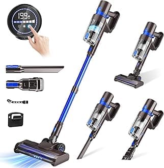 Cordless Vacuum Cleaner, 550W 45KPA 50Min Vacuum Cleaners for Home, Self-Standing Stick Vacuum with Touch Screen, 3 Power Modes, Rechargeable Battery, Handheld Vacuum for Pet Hair/Carpet/Floor