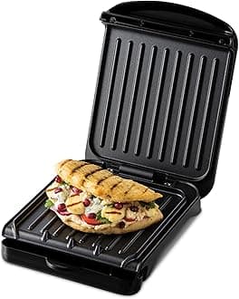 George Foreman Small Electric Fit Grill [Non stick, Healthy, Griddle, Toastie, Hot plate, Panini, BBQ, Energy saving, Vertical storage, Easy clean, Drip tray, Ready to cook light] Black, 760W 25800