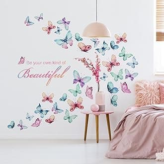 Mfault Girls Butterfly Be Your Own Kind of Beautiful Inspirational Quote Wall Decal Sticker, Watercolor Positive Saying Decorations Bedroom Living Room Art, Motivational Home Kitchen Blue Purple Decor