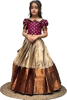 Generic"Girls' Silk Blend Lehenga Choli Set – Traditional Ethnic Wear with Puff Sleeve Blouse and Rich Zari Border Skirt – Festive & Wedding Outfit"