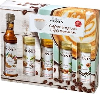 Coffee Syrup Gift Set 5x5cl. Perfect for Flavoured Coffees, Hot Chocolates and Frappes. Vegan, Natural Flavours 1x Vanilla, 1x Caramel, 1x Hazelnut, 1x Amaretto, 1x Gingerbread Syrup for Coffee.