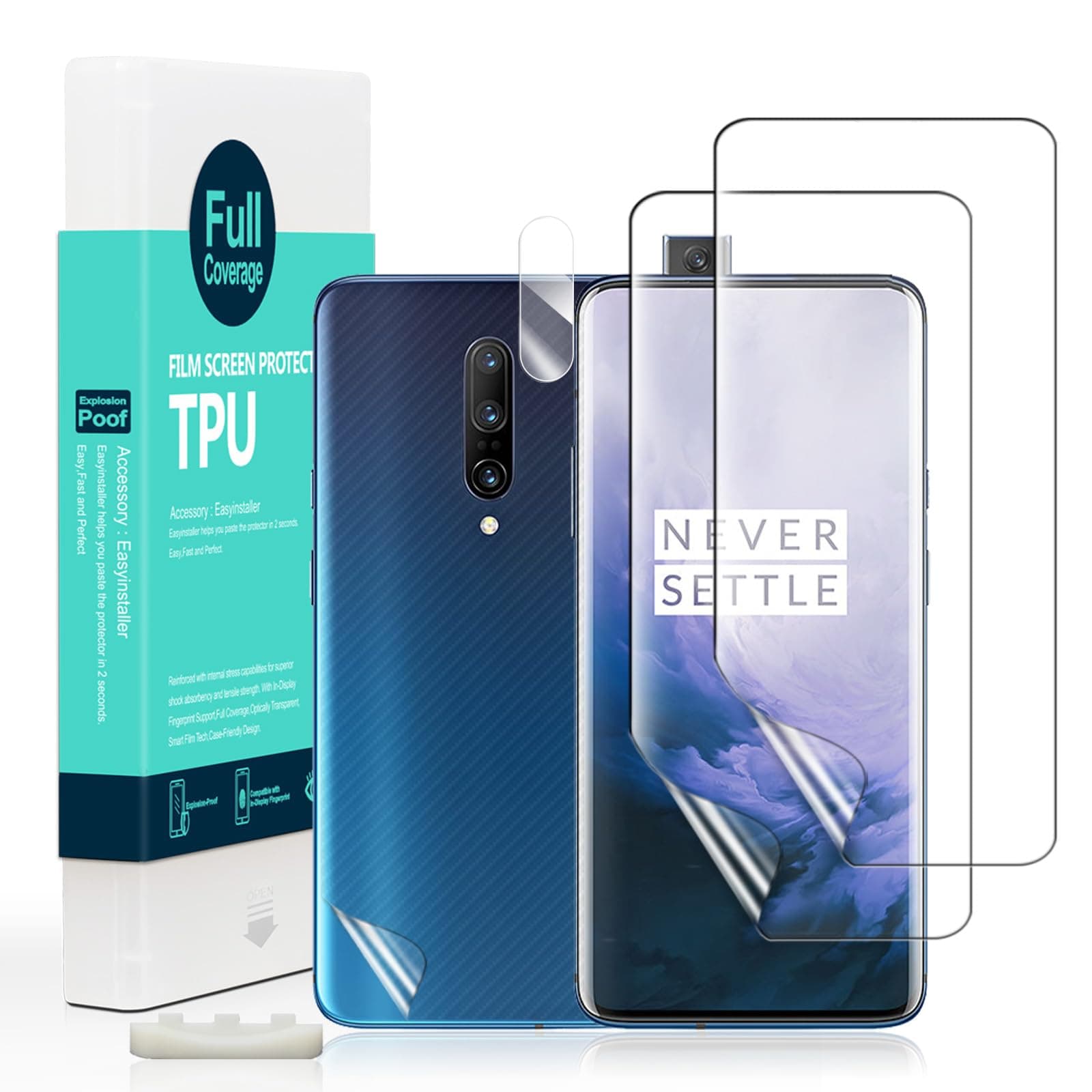 Screen Protector For OnePlus 7T Pro/7 Pro,with 2Pcs Flexible TPU Film,1Pc Camera Lens Protector,1Pc Backing Carbon Fiber Film [Fingerprint Reader,Easy to install]