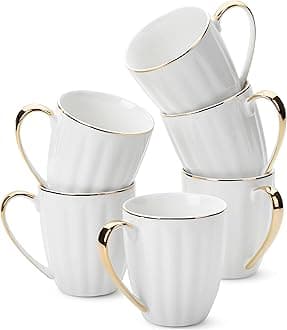 BTaT White Coffee Mugs - Set of 6, 12oz Porcelain with Gold Trim - Hot Coffee & Chocolate Mugs