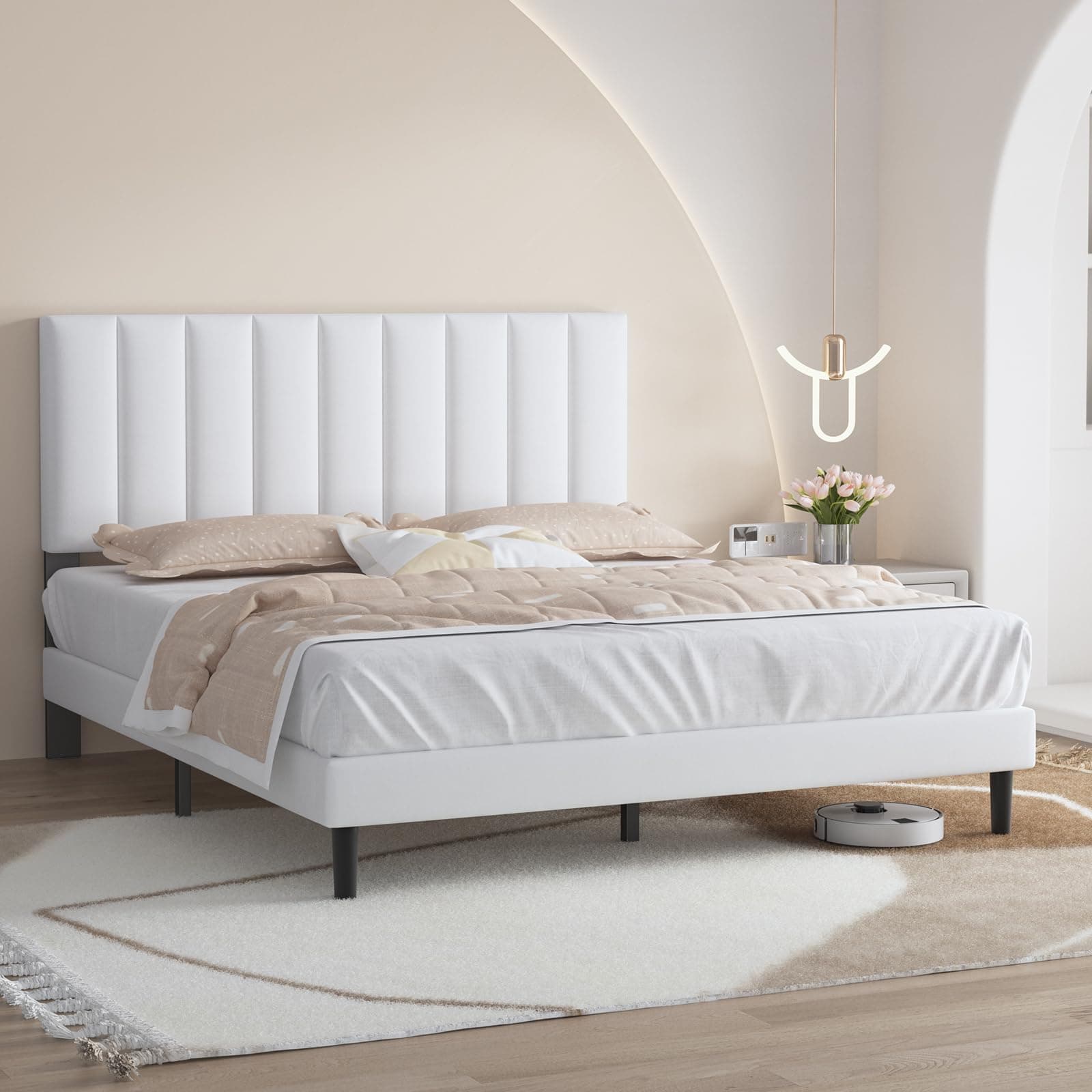 Upholstered Full Size Bed Platforms Frames with Headboard and Strong Wooden Slats,Mattress Foundation,Non-Slip,No Box Spring Needed,Easy Assembly,White