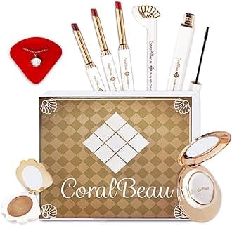 Makeup Kit for Teens - All in One Shell Makeup Kit with Compact BB Cream Powder, Eyeshadow Palette with Brown Shades, Eye Shadow Brush, Mascara, 3 Lipsticks, Necklace - Make Up Gift Set Box