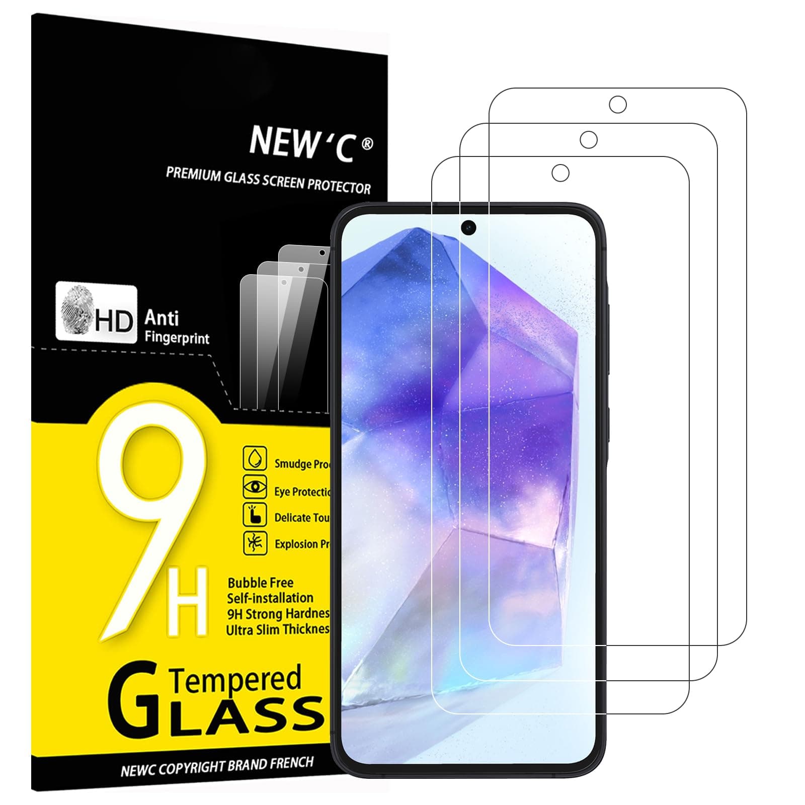NEW'C 3 Pack Designed for Samsung Galaxy A55 5G Screen Protector Tempered Glass,Case Friendly Scratch-proof, Bubble Free, Ultra Resistant