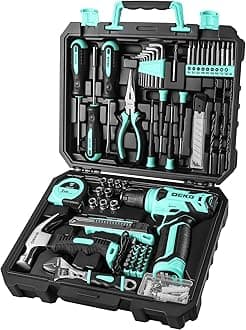 DEKOPRO Drill Set: Tool Set with 8V Cordless Drill, Home Tool Kit with Drill, Hand Tool Kits for Women 126 Piece, Turquoise