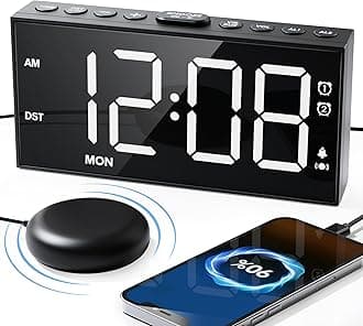 Upgraded Loud Alarm Clock with Bed Shaker for Heavy Sleeper,3-level Vibrating,Large Digits,Weekday/Weekend Mode,Dual Alarms for Hearing-impaired/Deaf,5 Volume,Dimmer,USB Charger,Snooze,Battery Backup