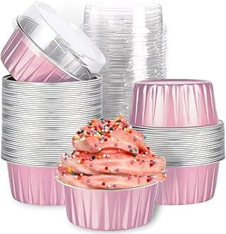 Mini Aluminum Foil Cupcake Baking Cups with Lids (40pcs, 5oz) Round Cupcake Foil Liners Tart Pie Tin Pan Holder - Disposable Mini Cake Containers Flan Molds for Pudding, Souffle, Party, Wedding