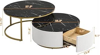 Modern Multi-Functional Round Nesting Coffee Table Fluted with Drawer End Table Utility Table for Living Room Black & Gold