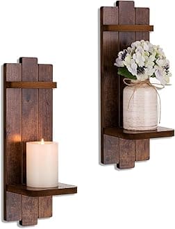 Walasis Wall Candle Holders Set of 2: Wooden Candle Sconces Vingtage Wall Art Decor (Vintage Brown)