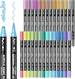 Shuttle Art Dual Tip Metallic Acrylic Paint Pens, 28 Colours Dot & Brush Paint Marker Pens, Paint Pens for Rock Painting, Ceramic, Wood, Fabric, Art Marker Pen Set for Kids Adults on Christmas Easter