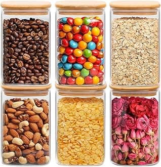 ComSaf 1.2 QT Glass Storage Containers with Lids, Glass Jars with Lids, Clear Food Jar, Square Canister Set of 6, Pantry Organizers and Storage for Cookie Flour Oat Pasta Tea Coffee Bean