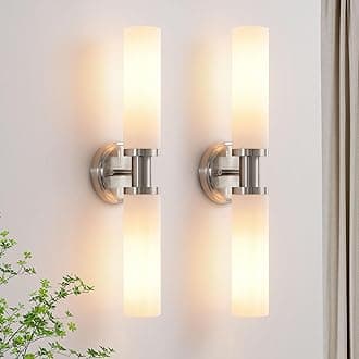 Wall Sconces Set of Two,Brushed Nickel Bathroom Sconces Wall Lighting with White Glass, Modern Sconces Wall Decor Set of 2 Wall Light fixtures for Bathroom Mirror Living Room Hallway Bedroom Wall Lamp