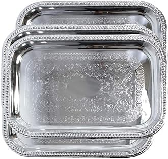 18.2" x 12.4" Oblong Rectangular Trim Floral Pattern Engraved Catering Chrome Plated Serving Plate Mirror Deco Tray Platter Tableware Party Birthday Multi-Purpose (Medium) T156M